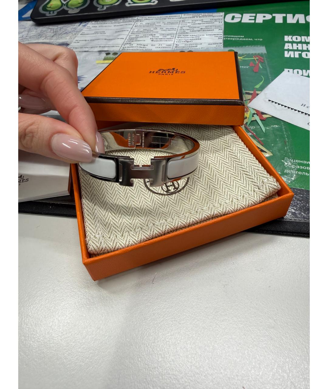 HERMES Белый металлический браслет, фото 2