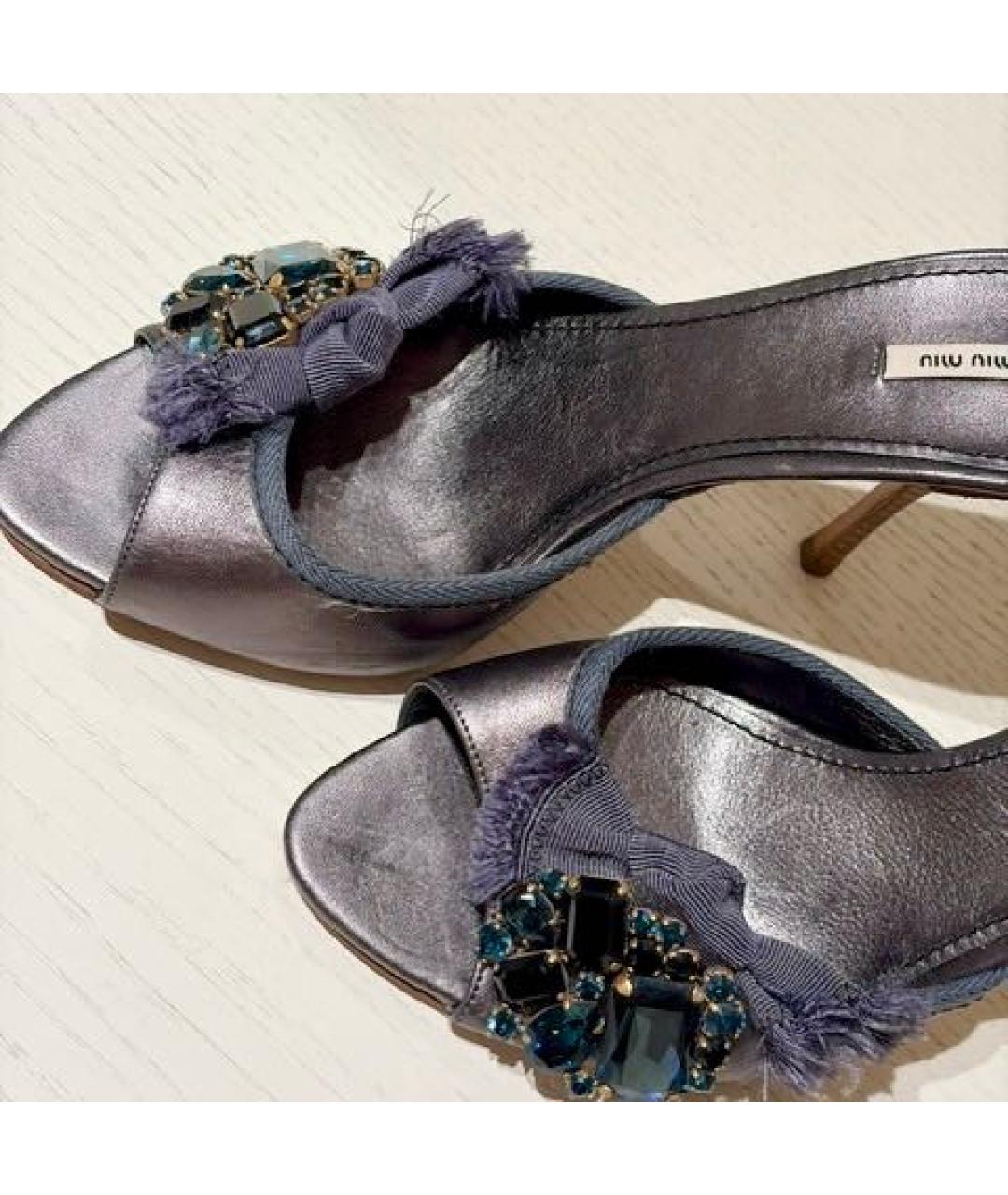 MIU MIU Темно-синие кожаные мюли, фото 3