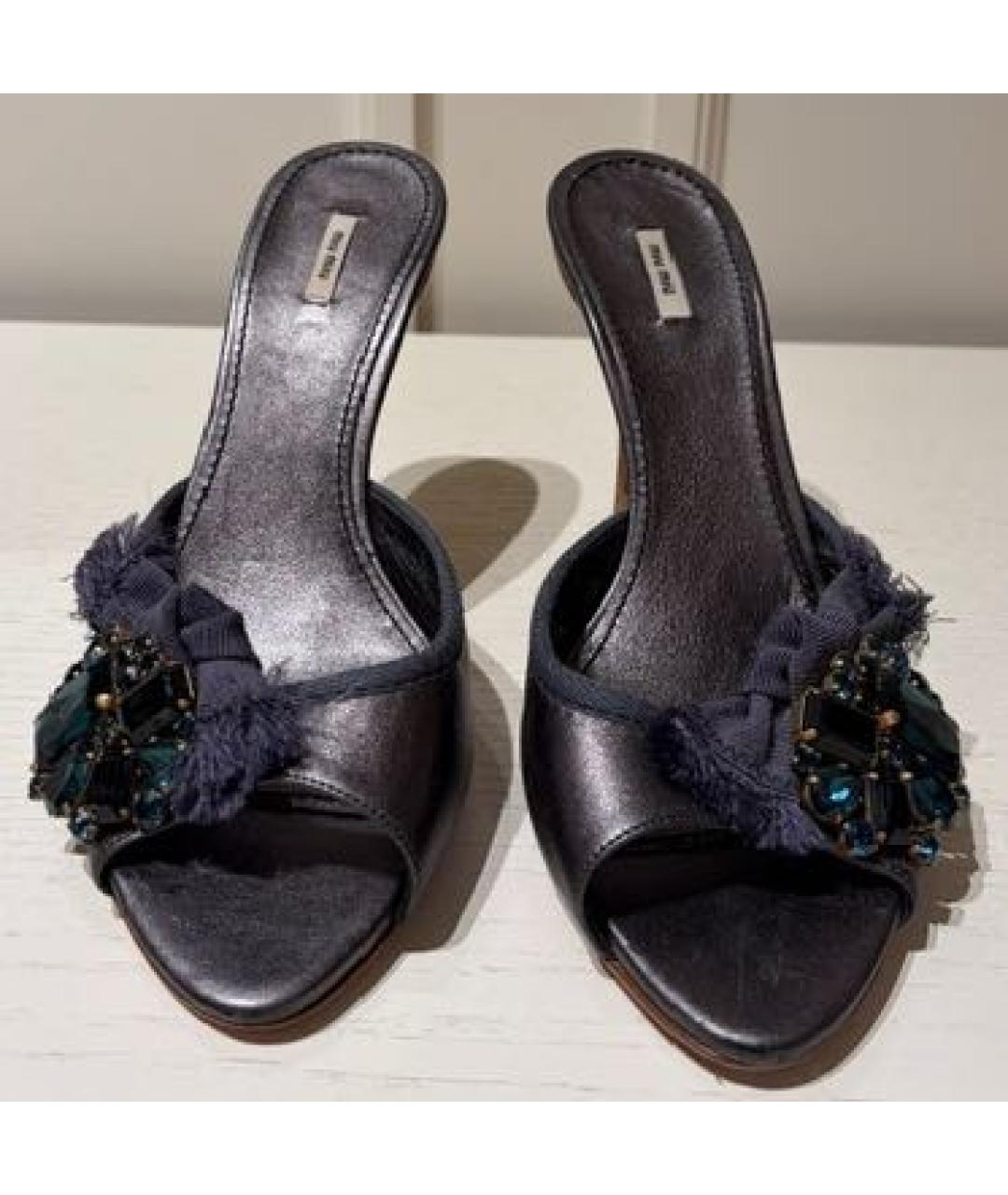 MIU MIU Темно-синие кожаные мюли, фото 7