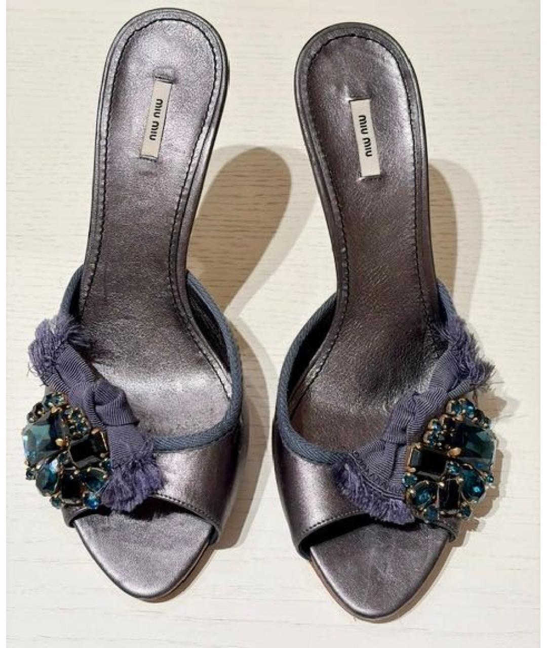 MIU MIU Темно-синие кожаные мюли, фото 2