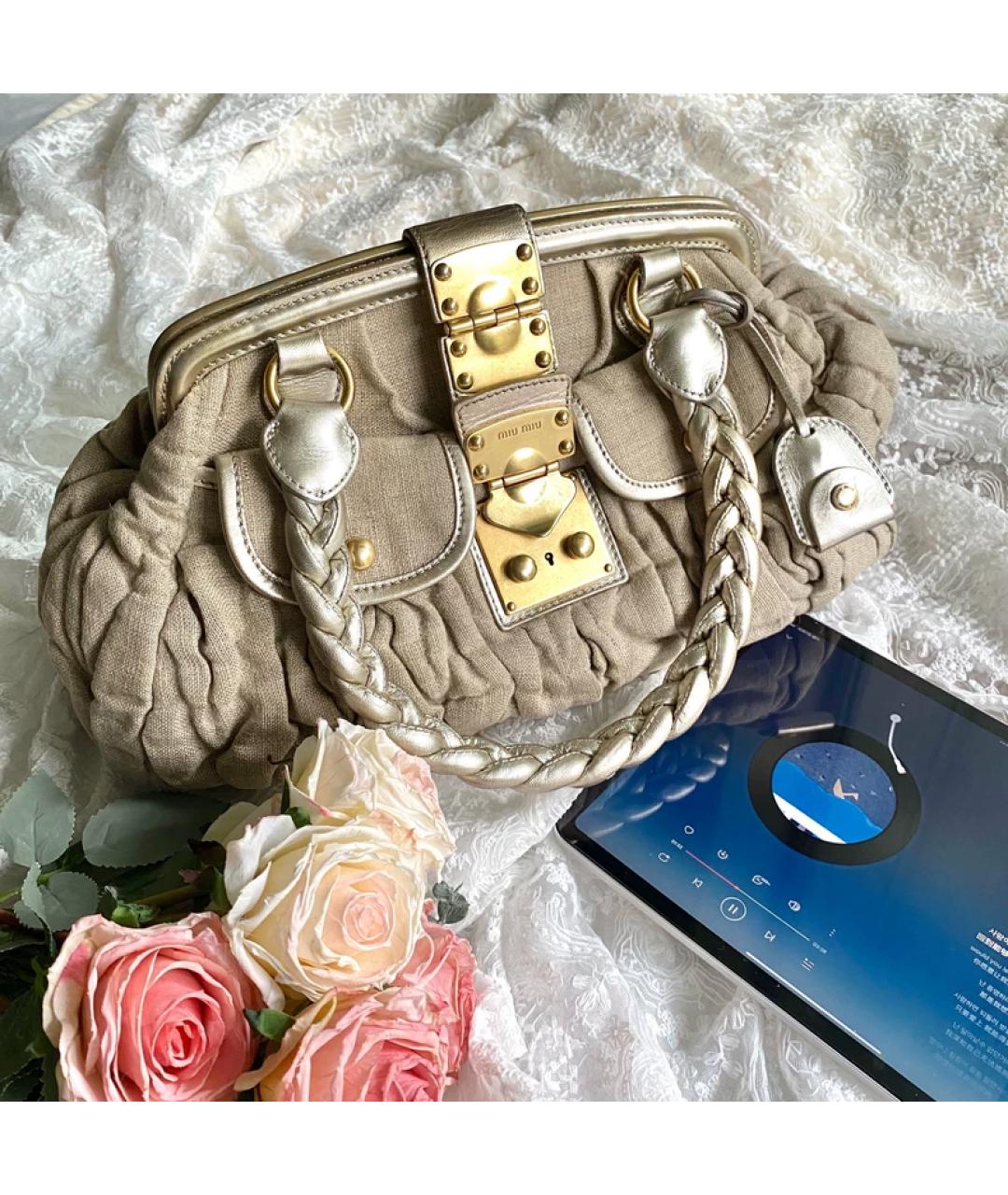 MIU MIU Бежевая льняная сумка с короткими ручками, фото 9