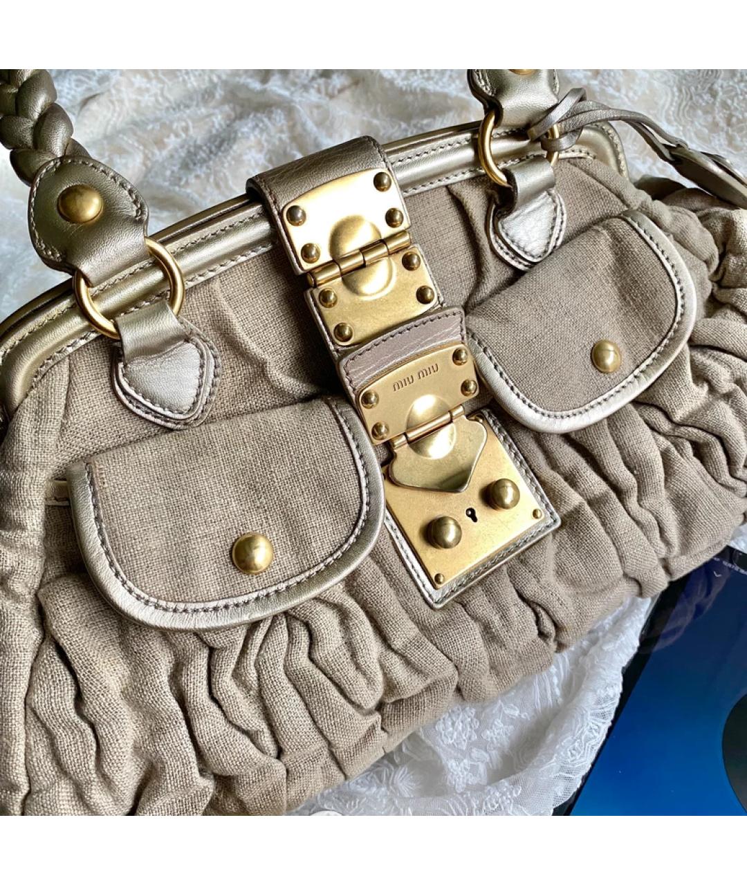 MIU MIU Бежевая льняная сумка с короткими ручками, фото 3