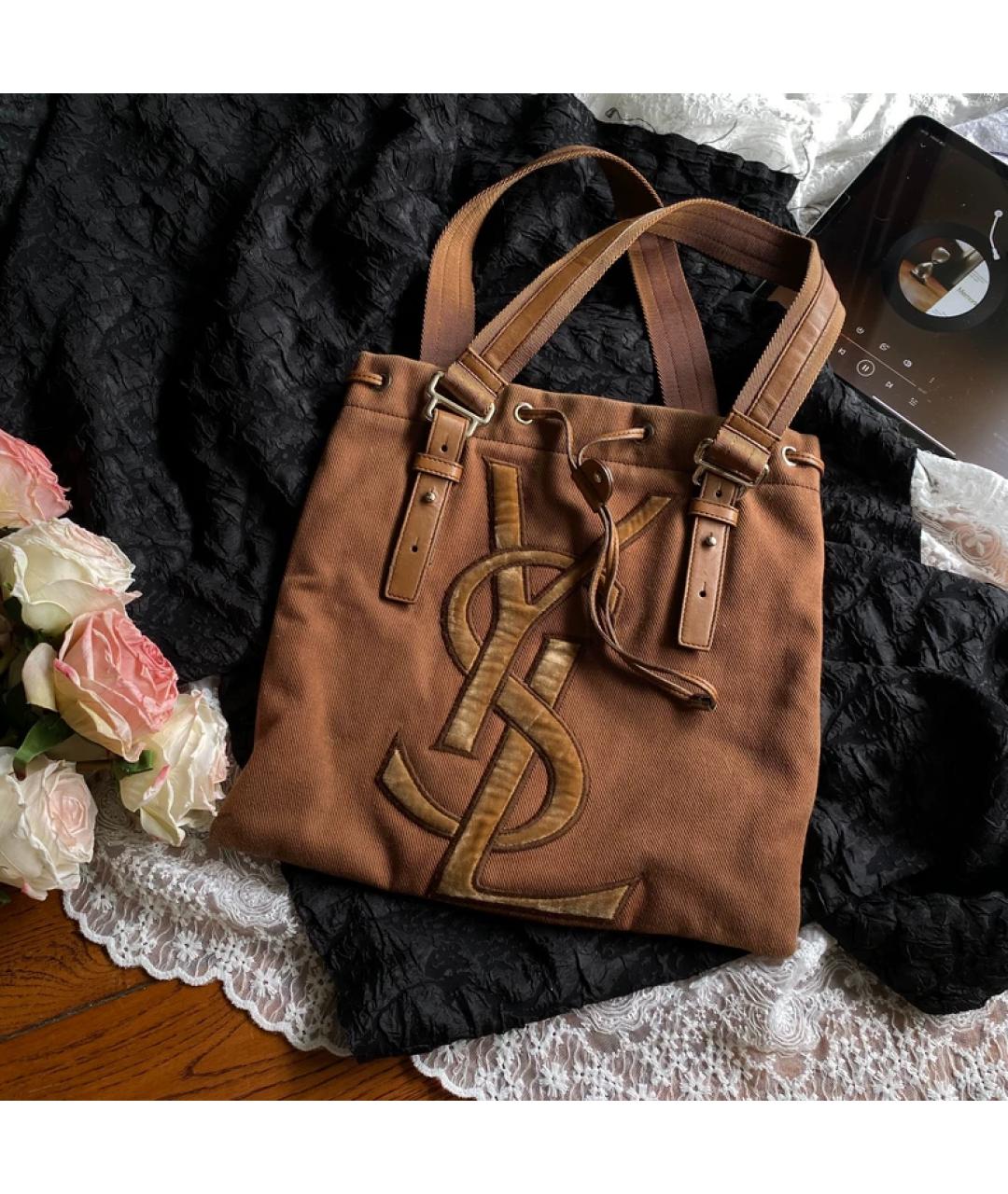 SAINT LAURENT Коричневая тканевая сумка с короткими ручками, фото 6