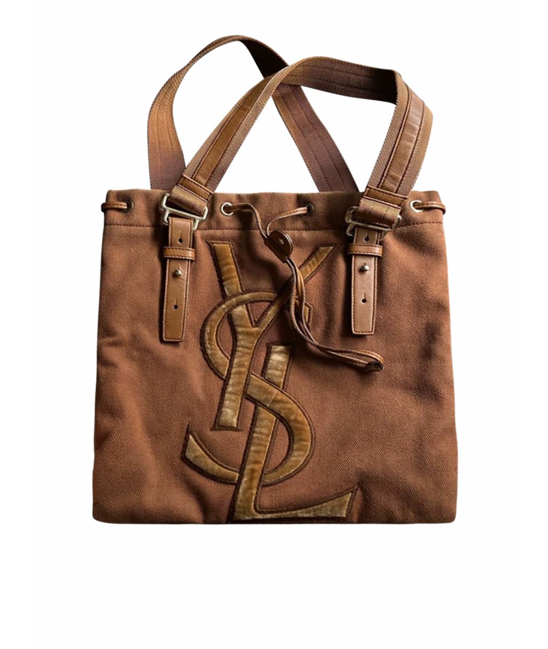 SAINT LAURENT Коричневая тканевая сумка с короткими ручками, фото 1