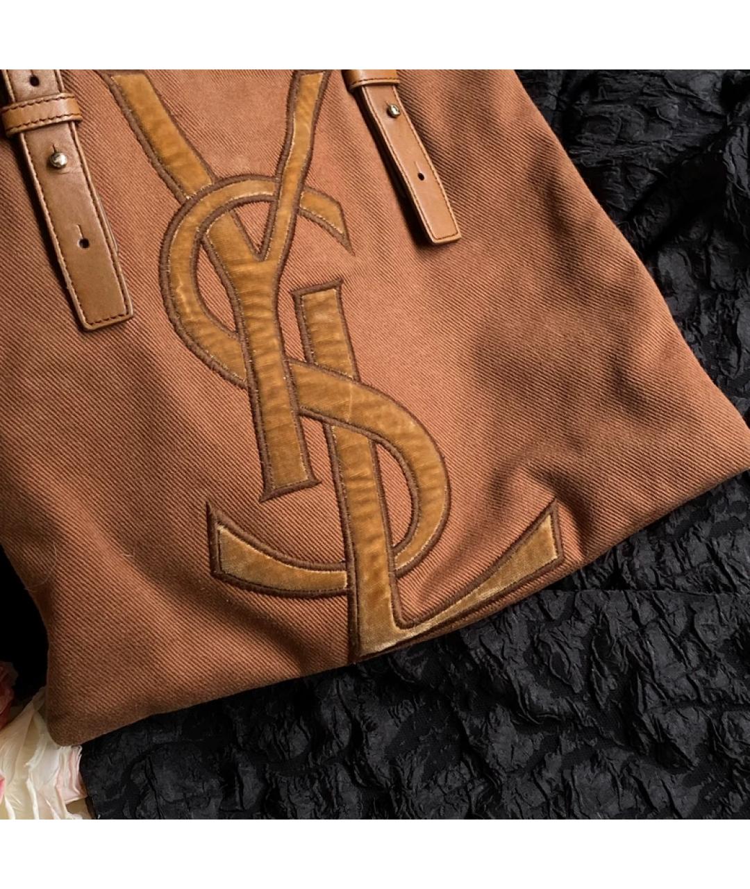 SAINT LAURENT Коричневая тканевая сумка с короткими ручками, фото 3