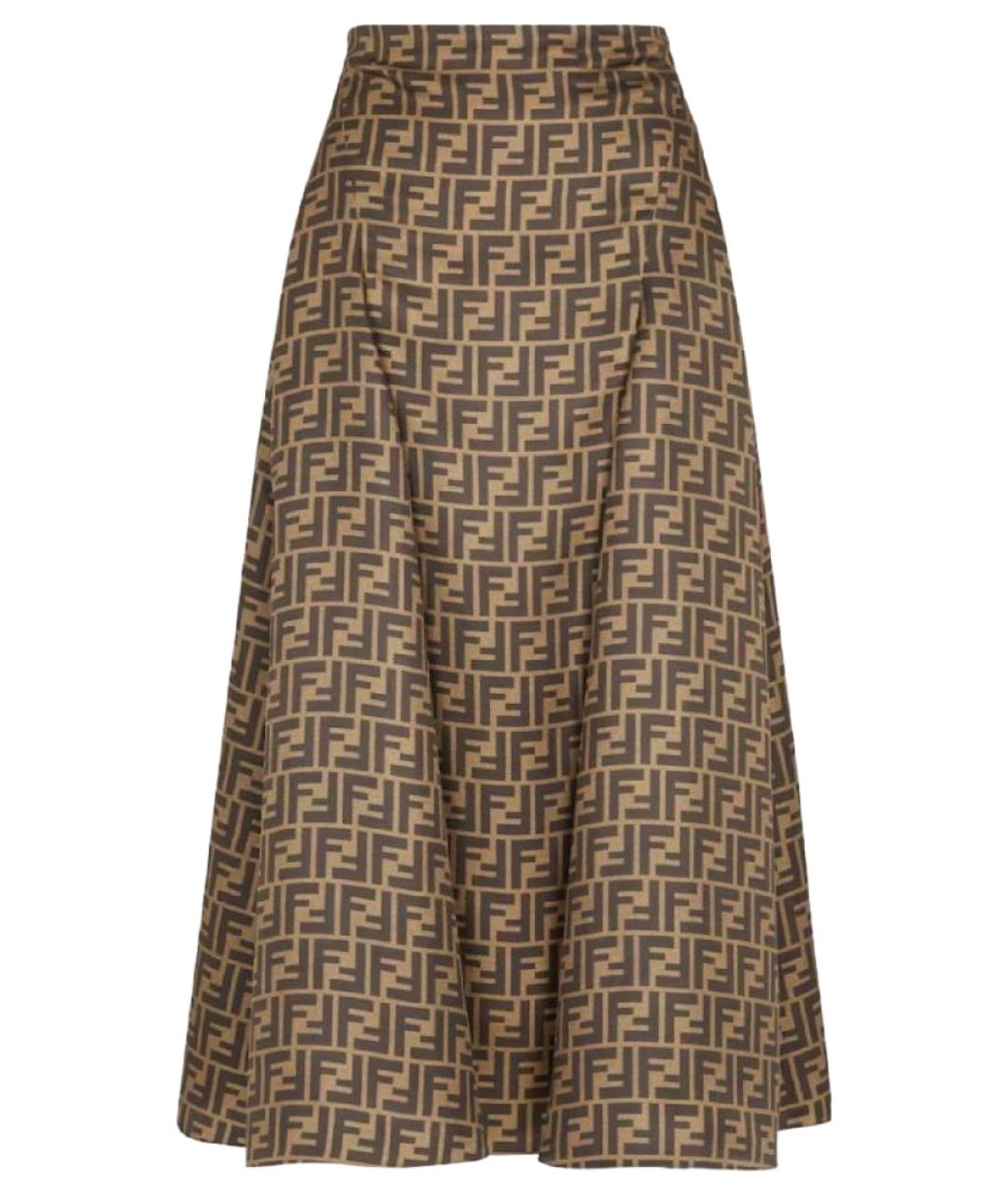 FENDI Коричневая шелковая юбка миди, фото 1