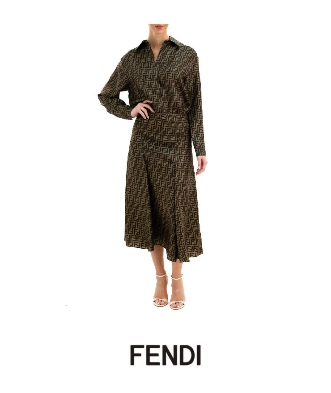 FENDI Коричневая шелковая юбка миди, фото 5