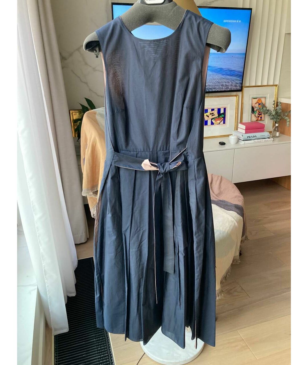 'S MAX MARA Темно-синее хлопковое повседневное платье, фото 9