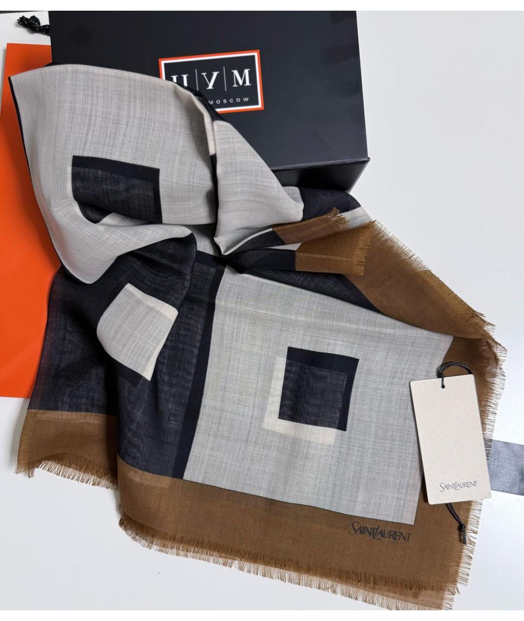SAINT LAURENT Коричневый шерстяной платок, фото 4