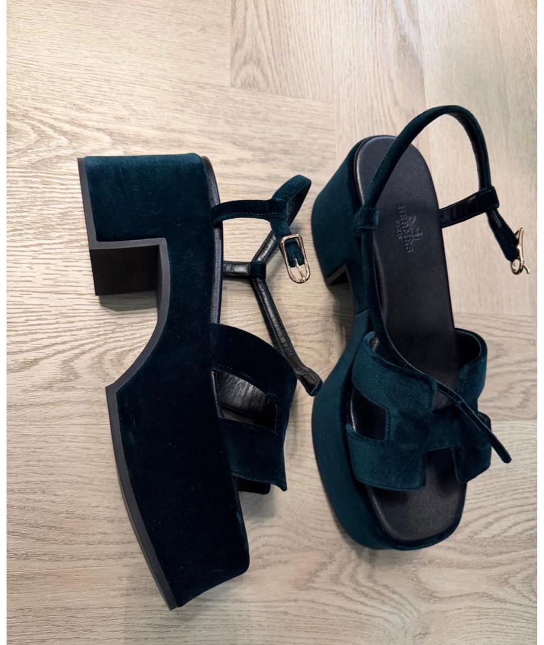 HERMES Бирюзовые бархатные босоножки, фото 4