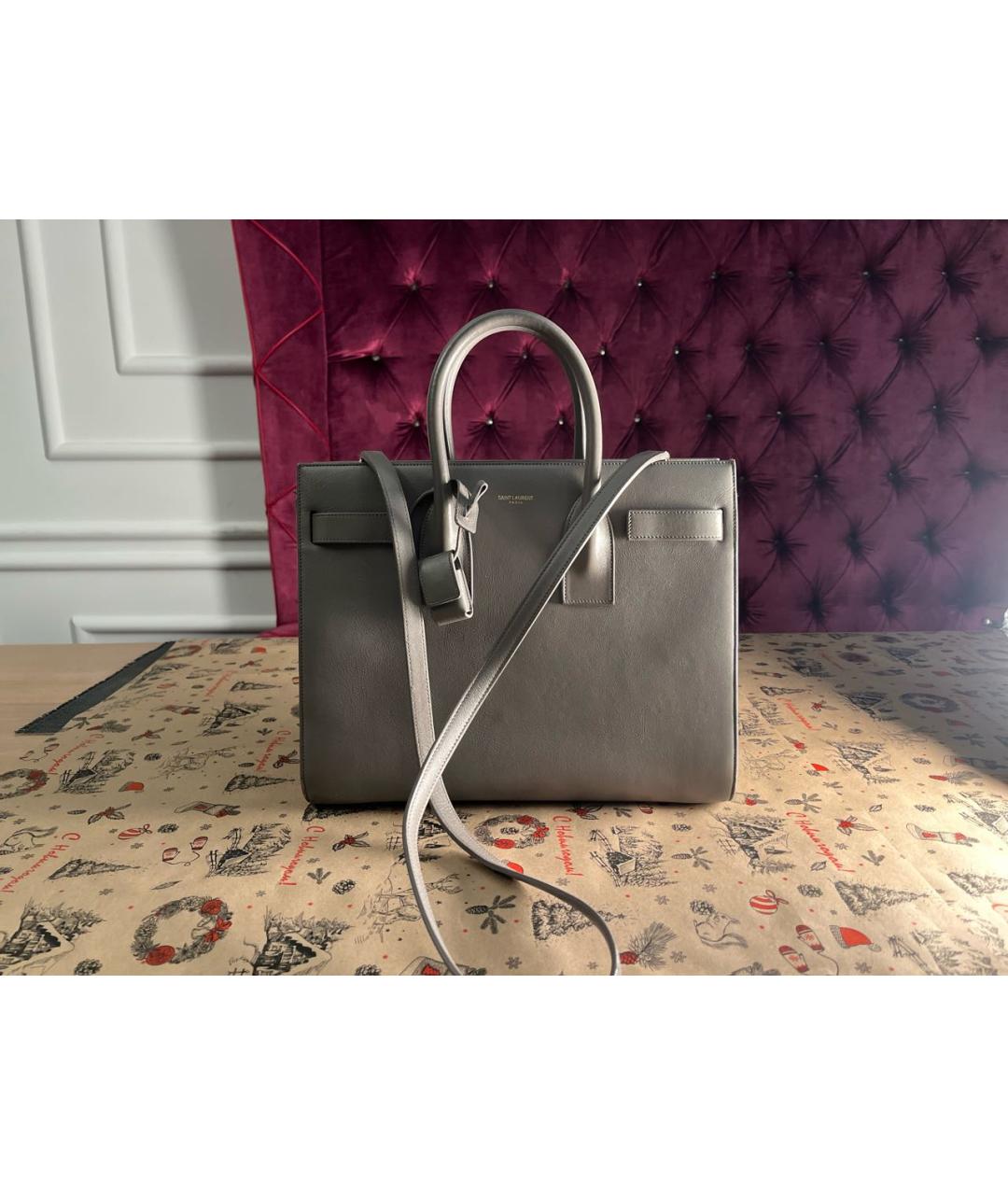 SAINT LAURENT Антрацитовая кожаная сумка с короткими ручками, фото 7