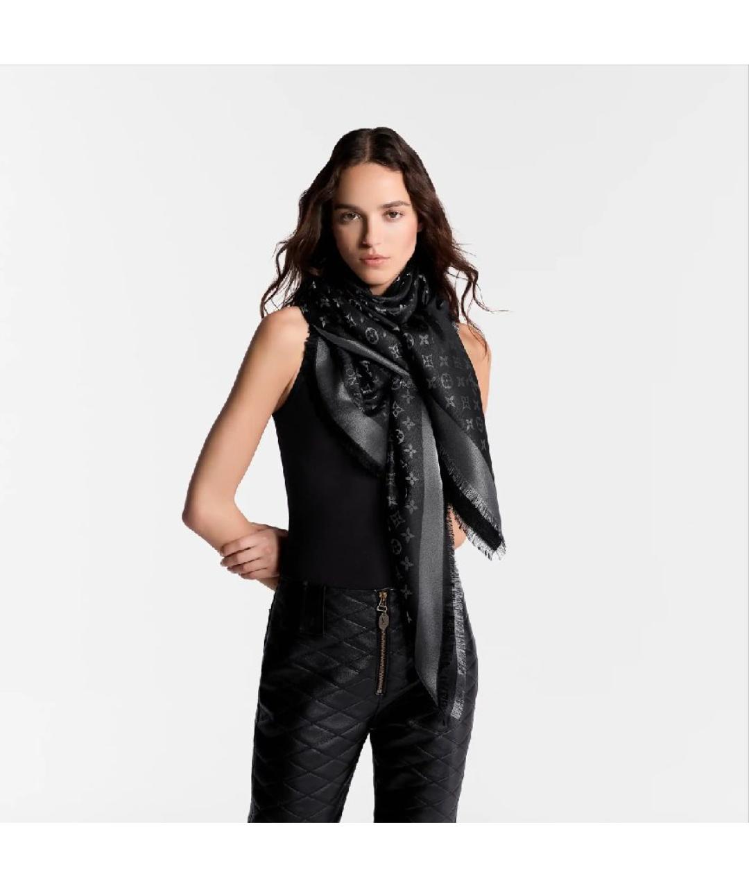 LOUIS VUITTON Черный шелковый шарф, фото 4