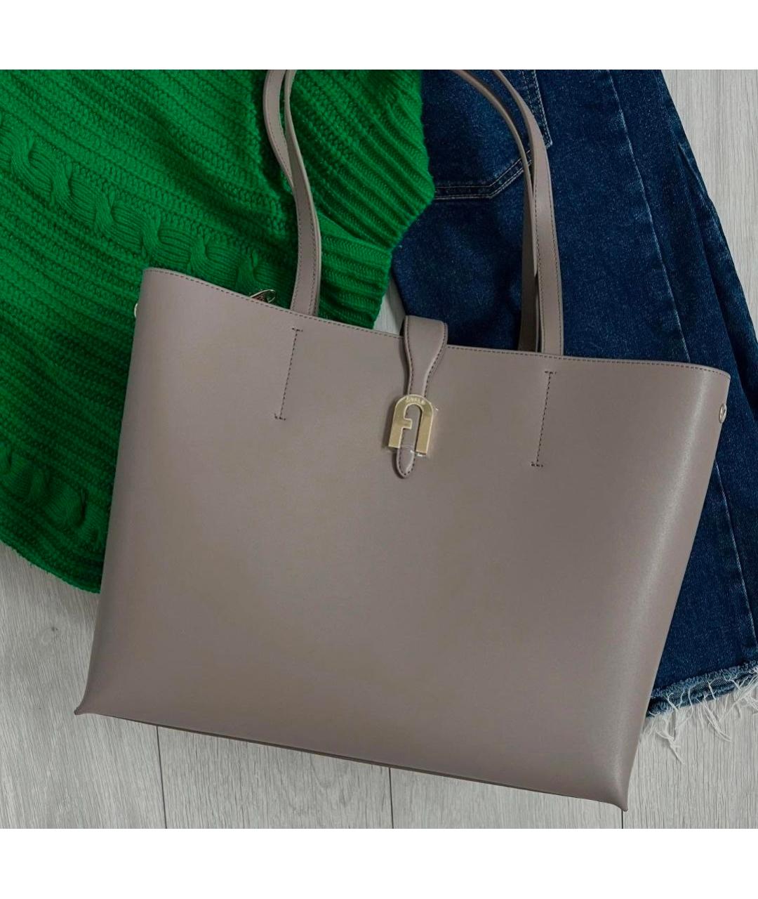 FURLA Серая кожаная сумка с короткими ручками, фото 10