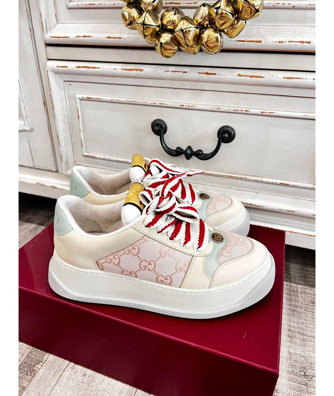 GUCCI Бежевые кожаные кроссовки, фото 7