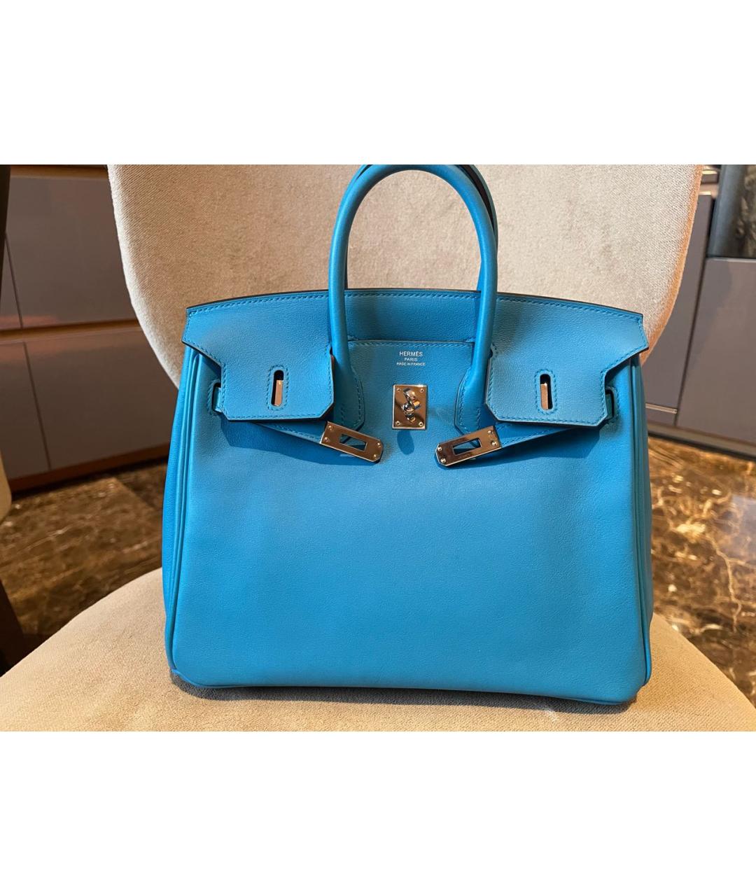 HERMES Голубая кожаная сумка с короткими ручками, фото 5