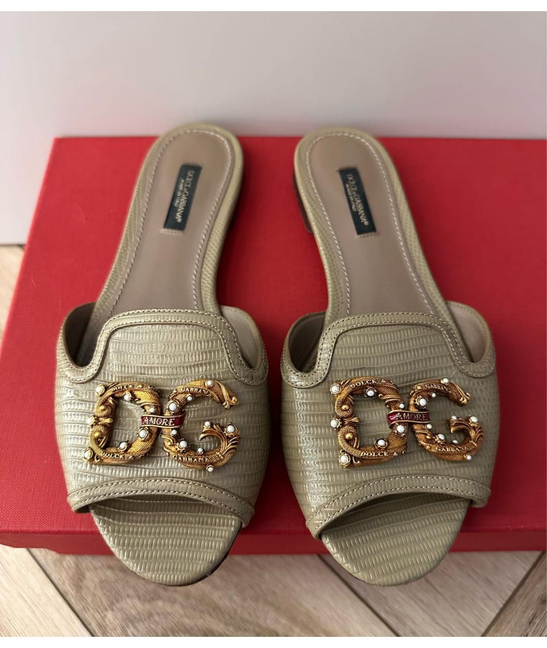 DOLCE&GABBANA Хаки кожаные шлепанцы, фото 2