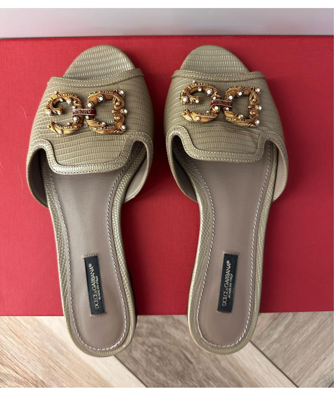 DOLCE&GABBANA Хаки кожаные шлепанцы, фото 3