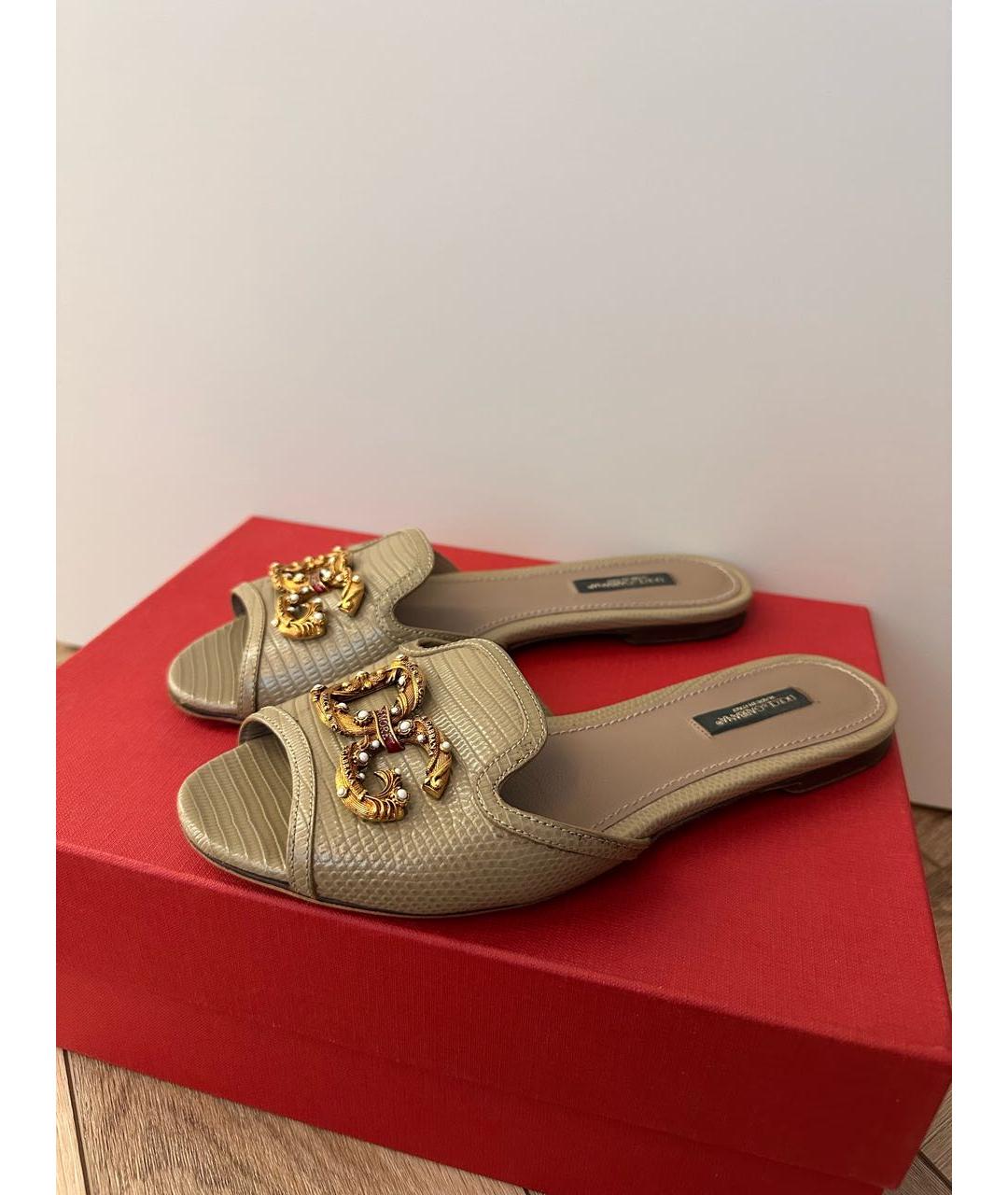 DOLCE&GABBANA Хаки кожаные шлепанцы, фото 5
