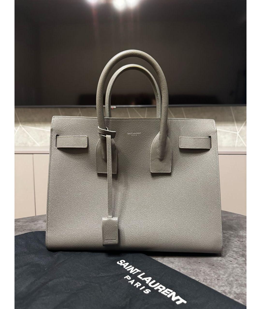 SAINT LAURENT Серая кожаная сумка с короткими ручками, фото 7