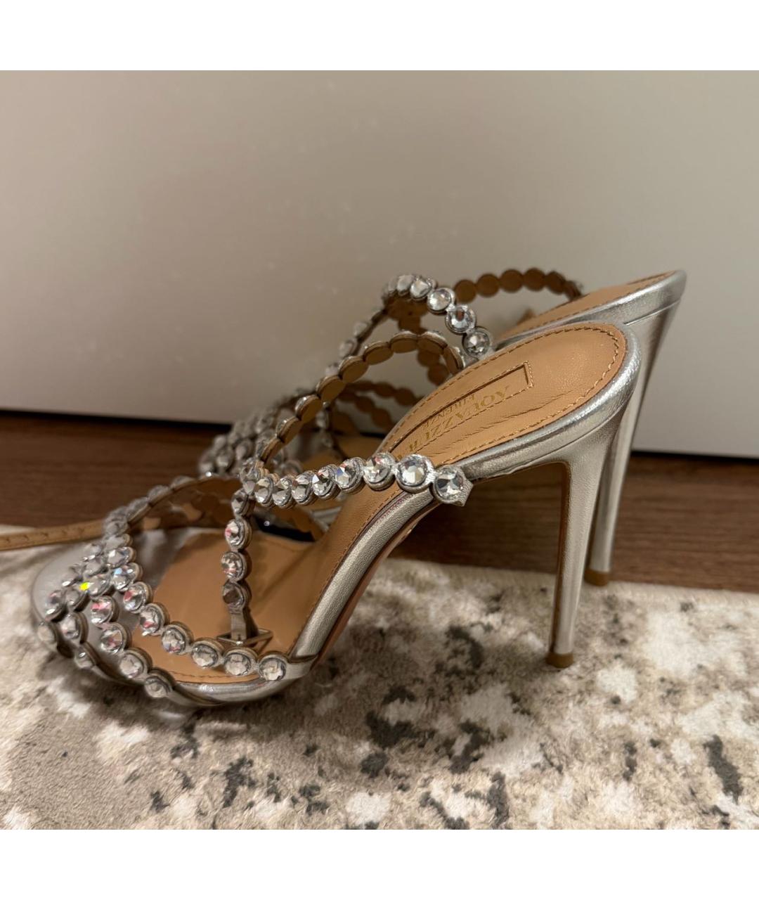 AQUAZZURA Серебряные кожаные босоножки, фото 7
