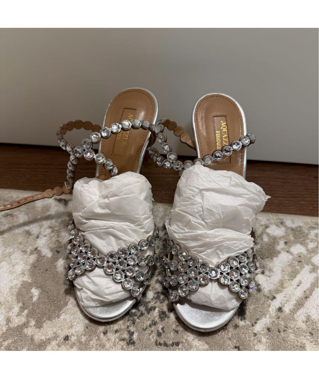 AQUAZZURA Серебряные кожаные босоножки, фото 3