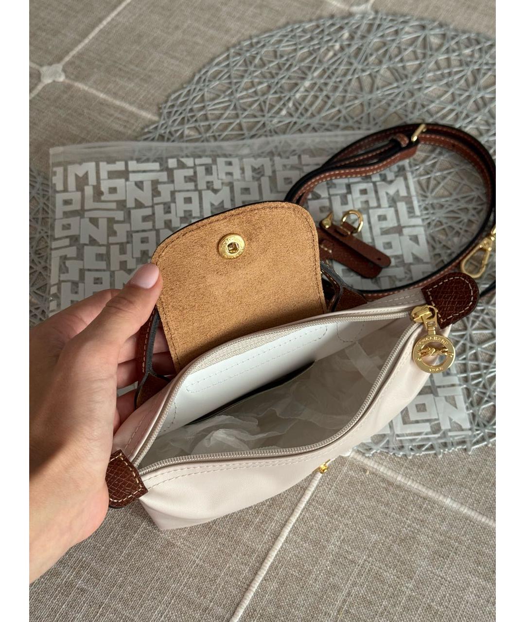 LONGCHAMP Бежевая тканевая сумка с короткими ручками, фото 4