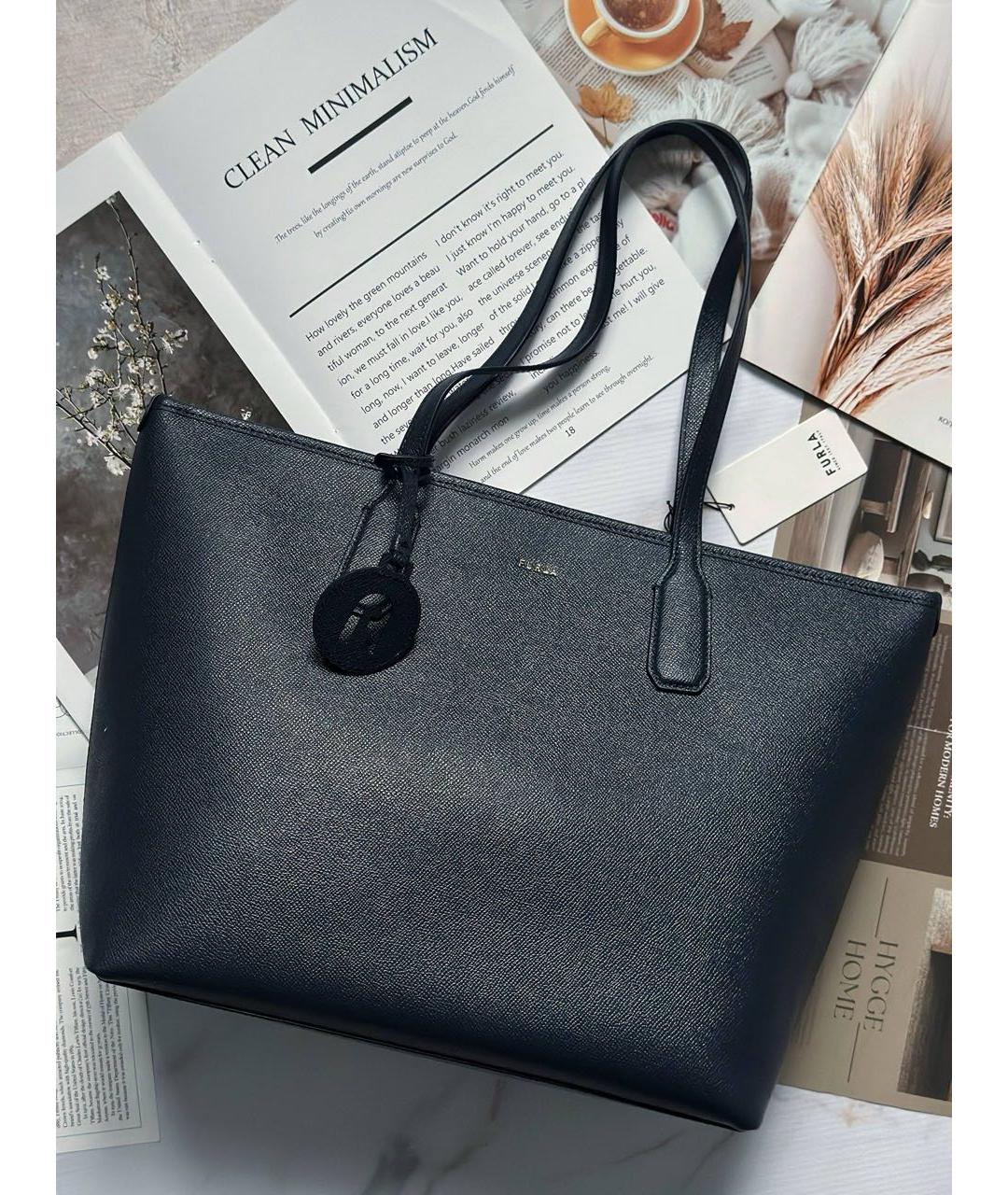 FURLA Темно-синяя кожаная сумка тоут, фото 5