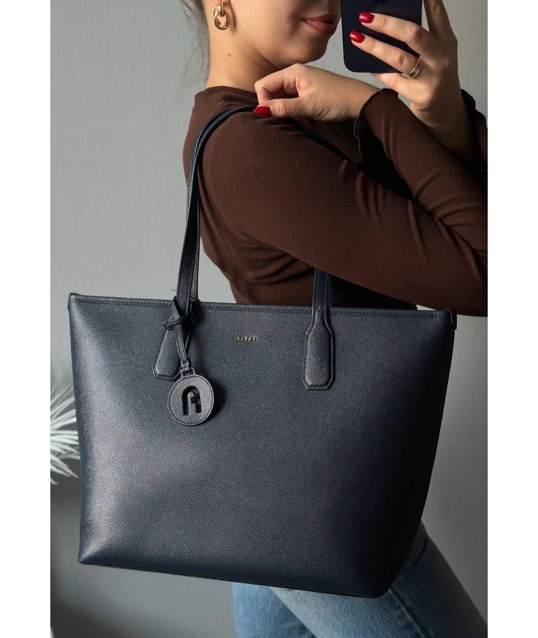 FURLA Темно-синяя кожаная сумка тоут, фото 4