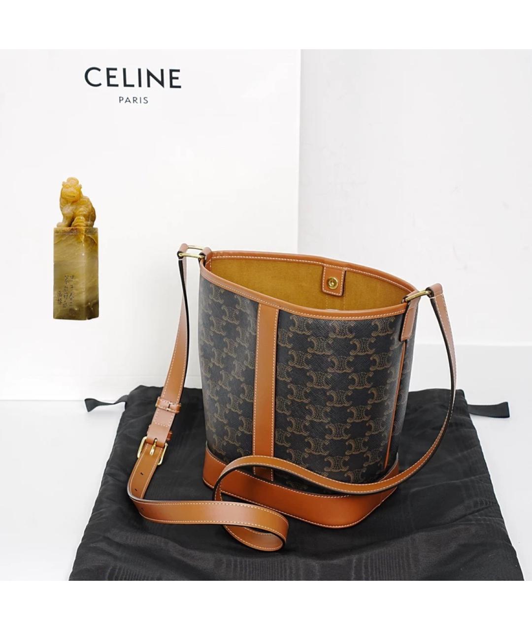 CELINE Коричневая тканевая сумка с короткими ручками, фото 9