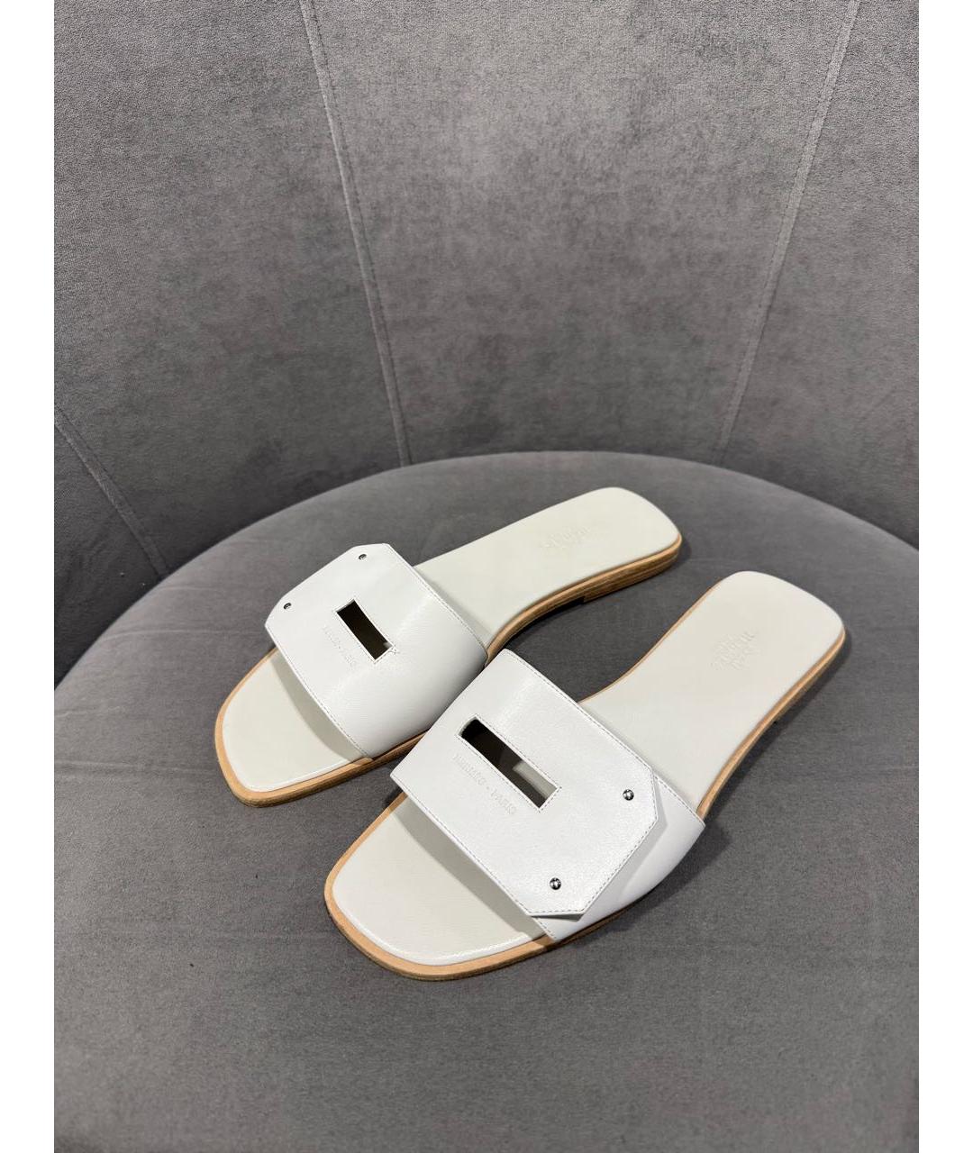 HERMES Белые кожаные шлепанцы, фото 5