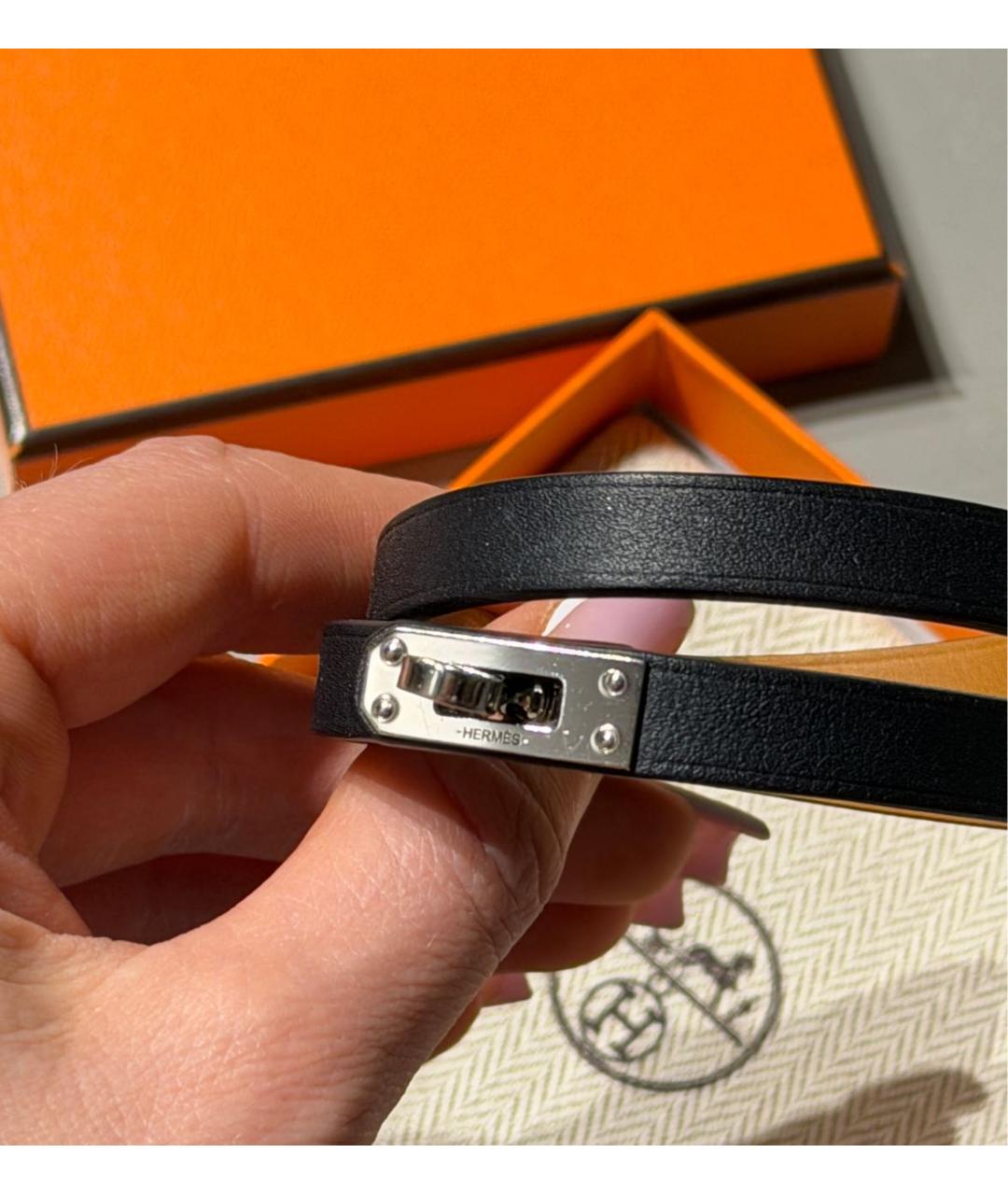 HERMES Черный кожаный браслет, фото 2