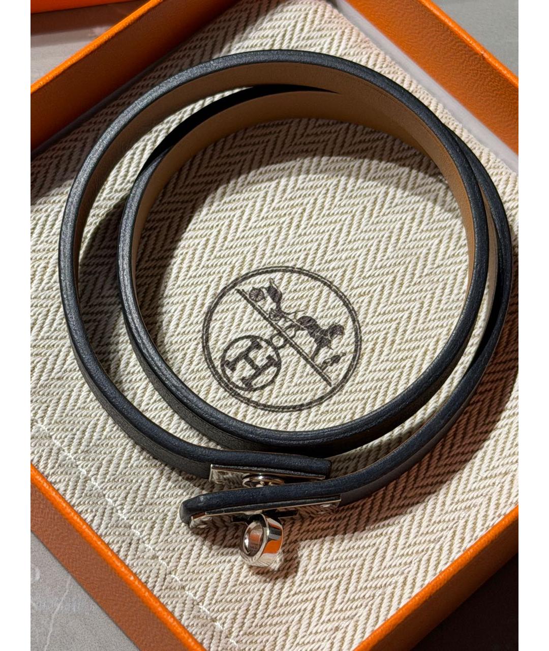 HERMES Черный кожаный браслет, фото 5