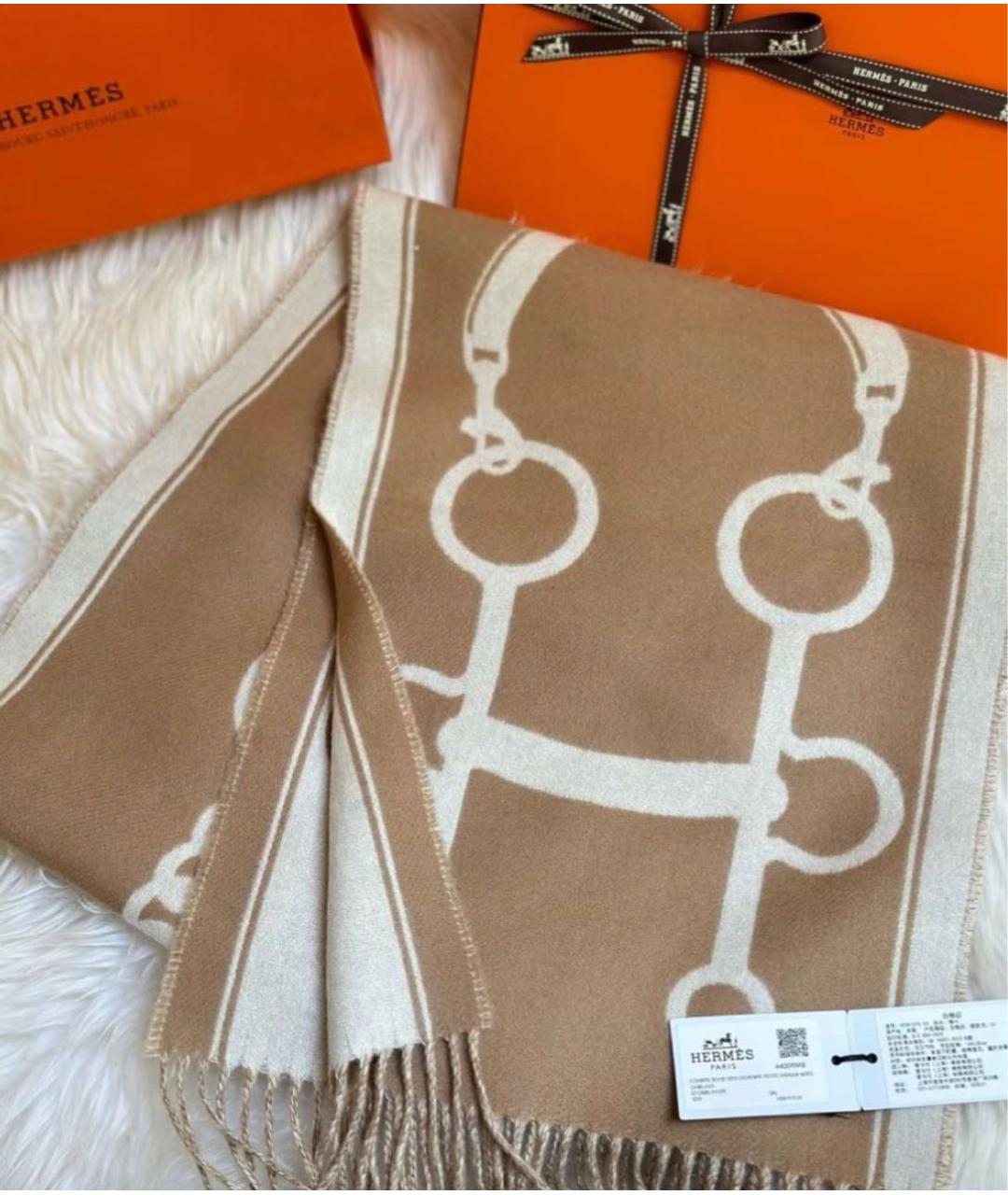 HERMES Бежевый кашемировый шарф, фото 3