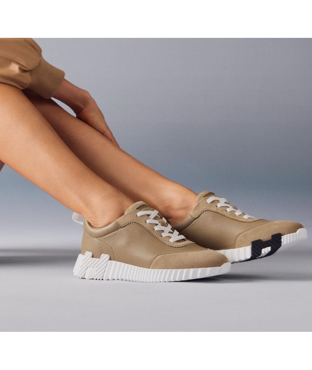 HERMES Бежевые замшевые кроссовки, фото 2