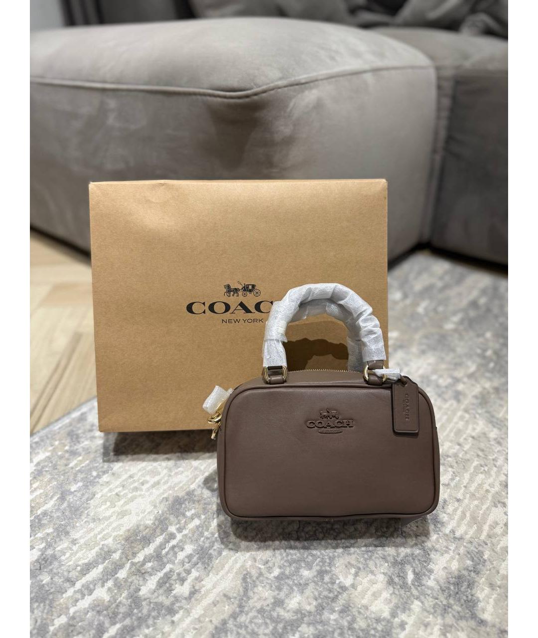 COACH Коричневая кожаная сумка с короткими ручками, фото 7