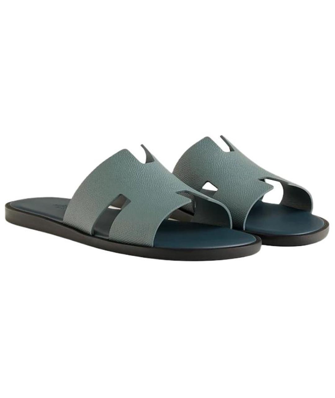 HERMES Голубые кожаные шлепанцы, фото 4