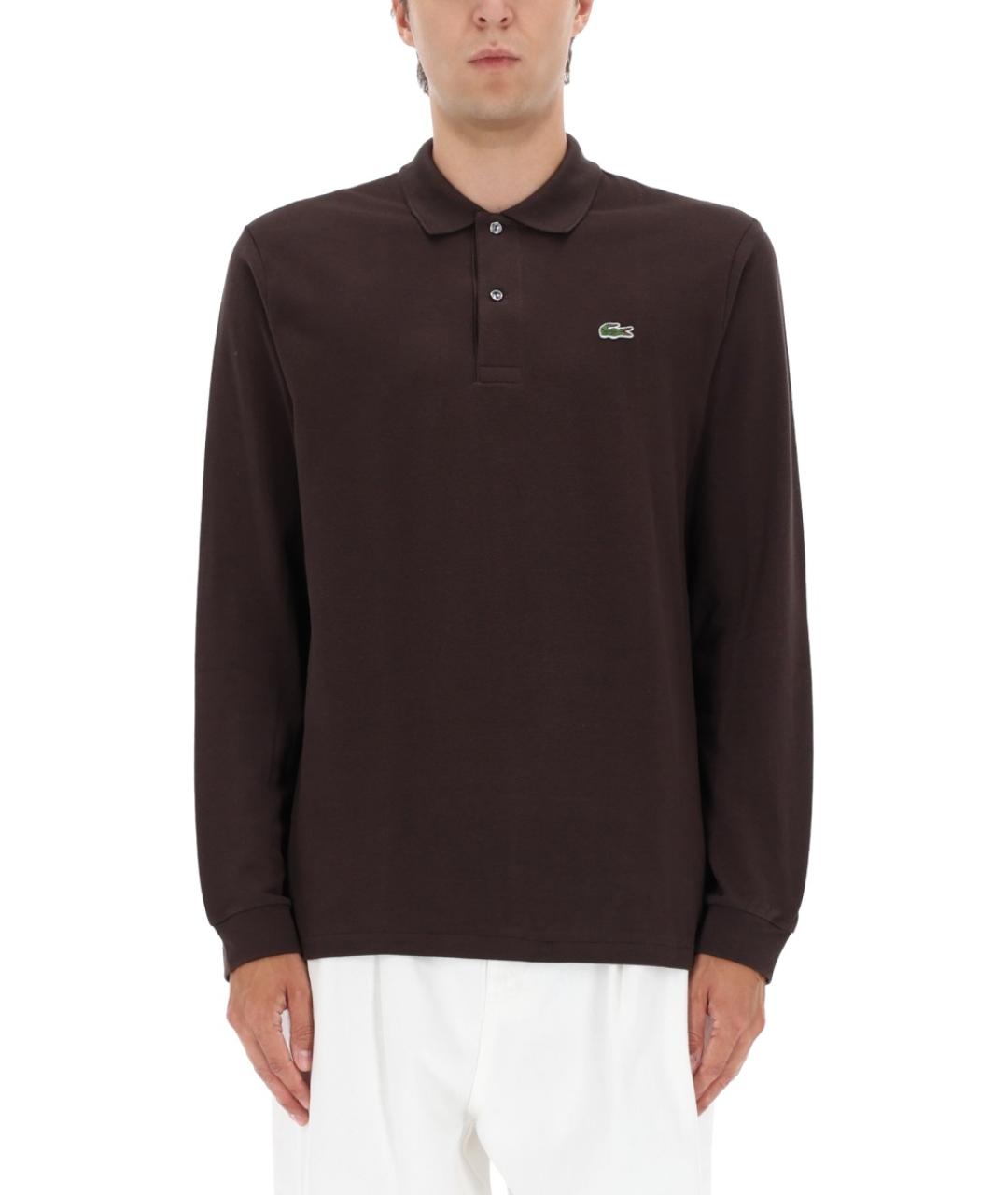 LACOSTE Коричневое хлопковое поло с длинным рукавом, фото 2