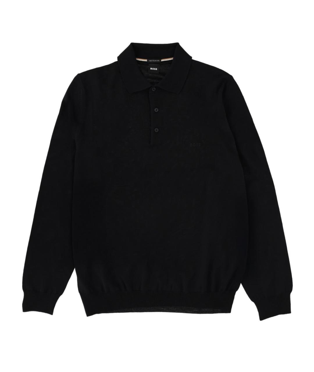HUGO BOSS Черное хлопко-шерстяное поло с длинным рукавом, фото 1