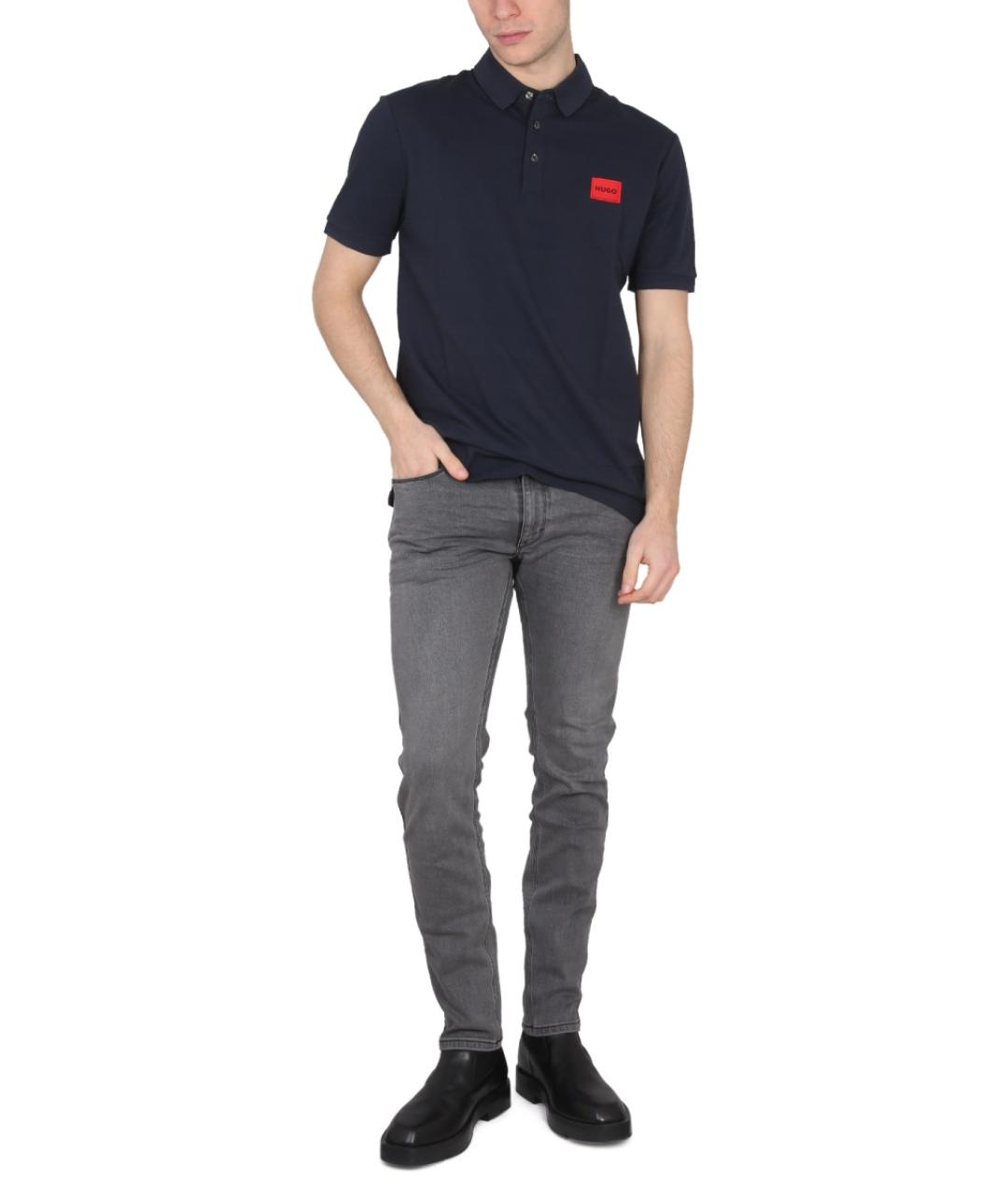 HUGO Темно-синее хлопковое поло с коротким рукавом, фото 2