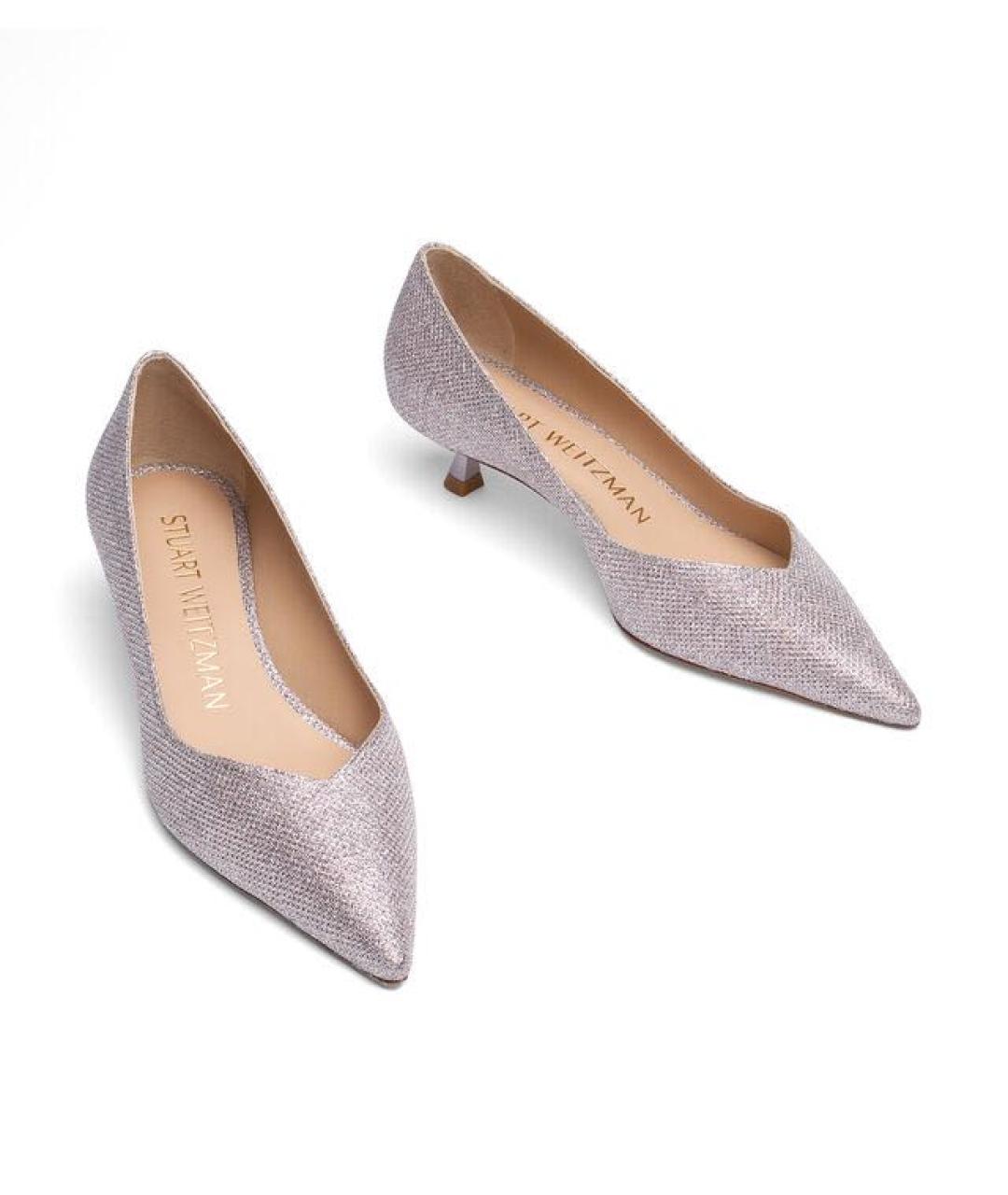 STUART WEITZMAN Серебряные кожаные лодочки на низком каблуке, фото 3