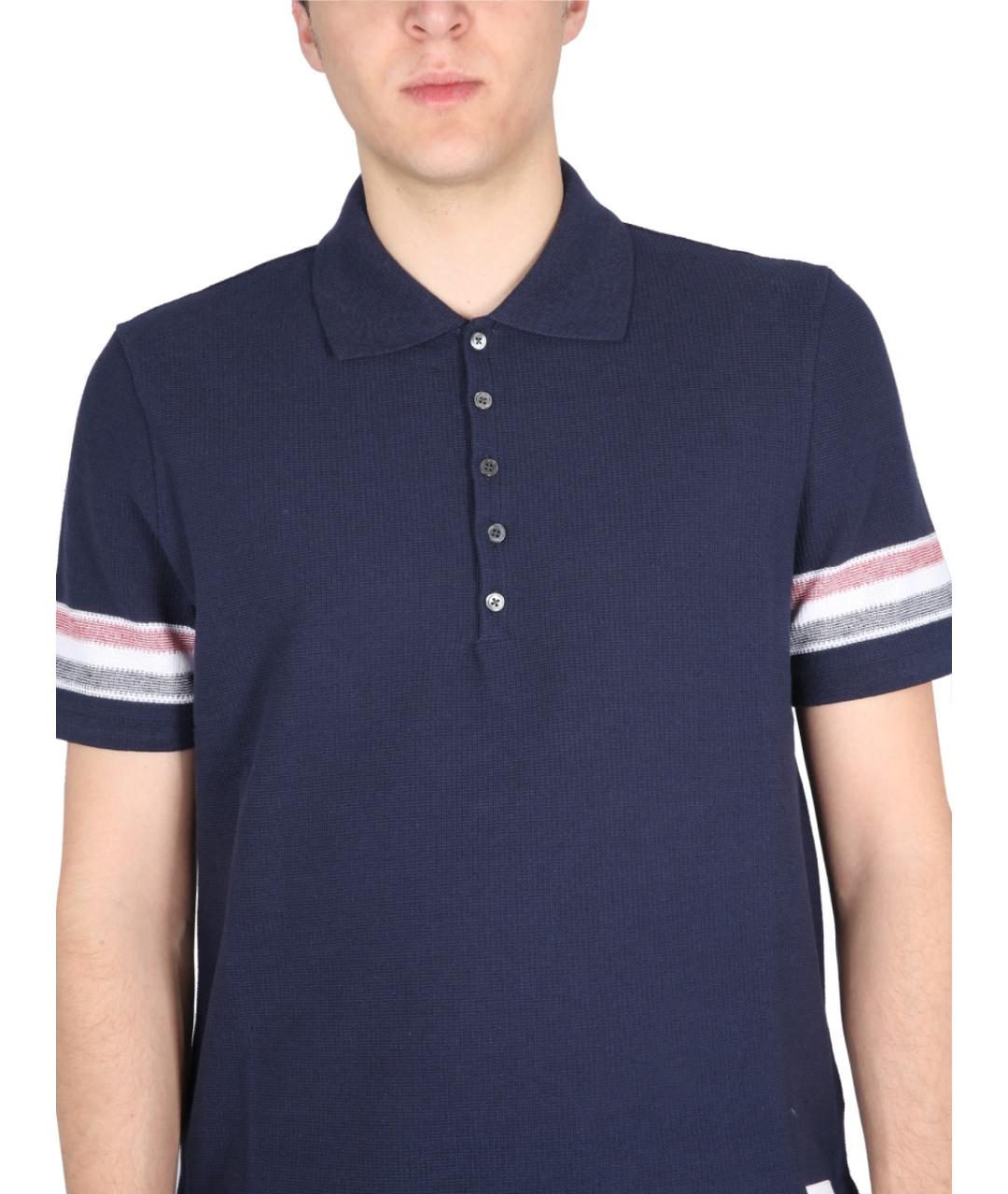 THOM BROWNE Синее хлопковое поло с коротким рукавом, фото 4