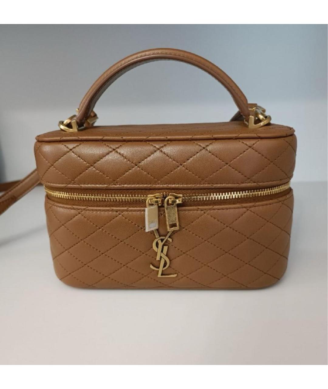 SAINT LAURENT Коричневая кожаная сумка с короткими ручками, фото 7