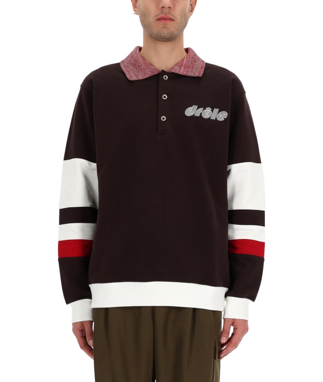 Drole de Monsieur Коричневое хлопковое поло с длинным рукавом, фото 4