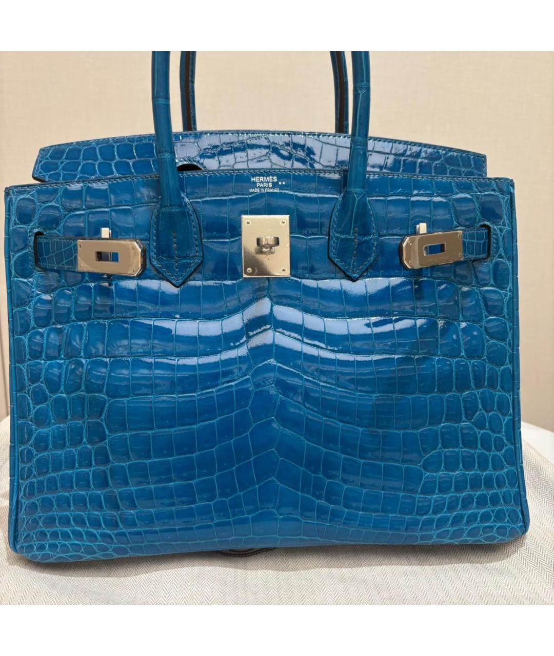 HERMES Голубая кожаная сумка с короткими ручками, фото 1