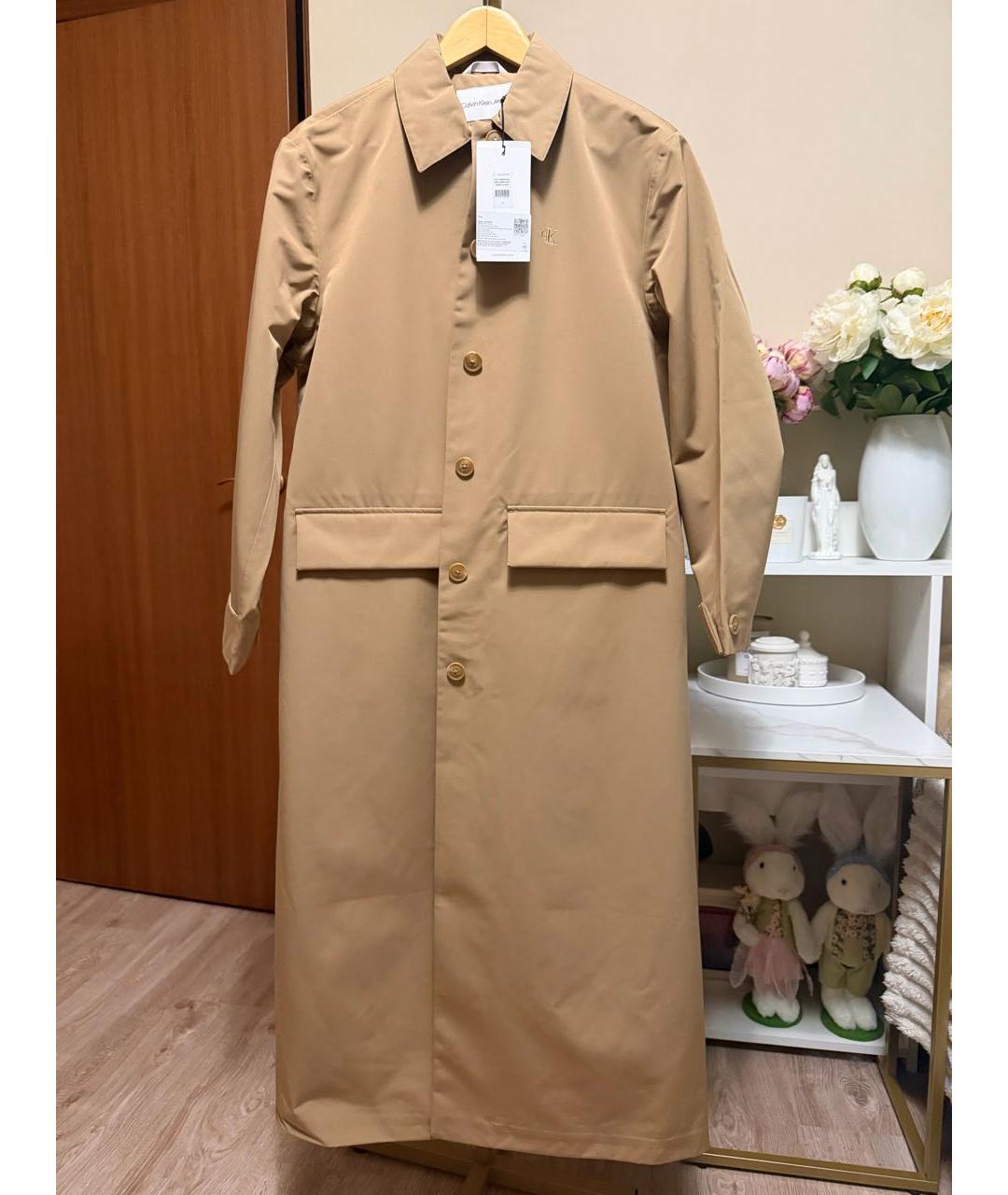 CALVIN KLEIN Бежевый полиэстеровый тренч/плащ, фото 2