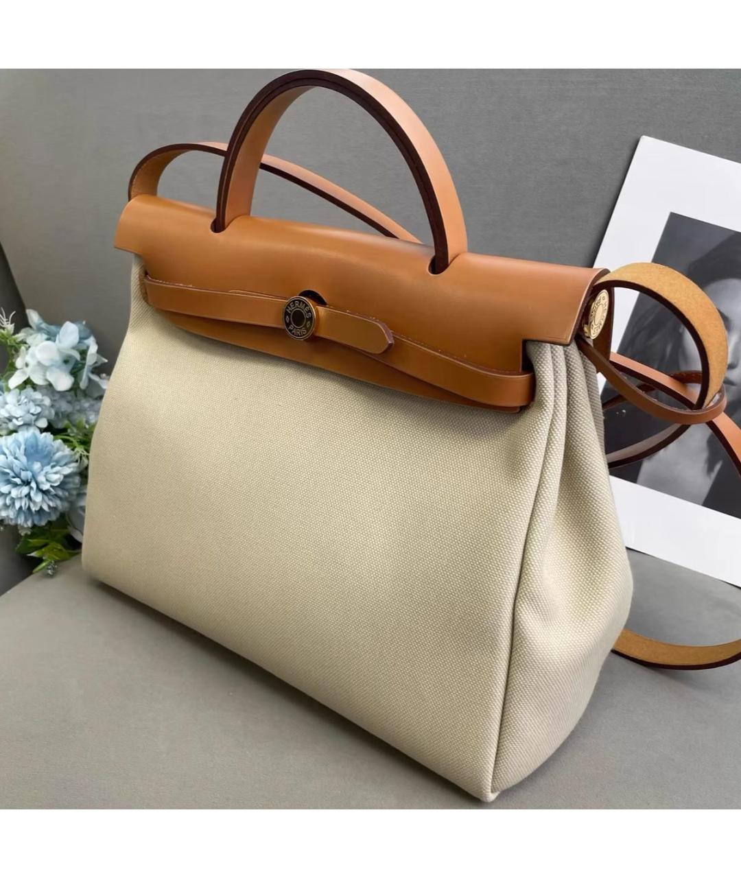 HERMES Бежевая тканевая сумка через плечо, фото 5