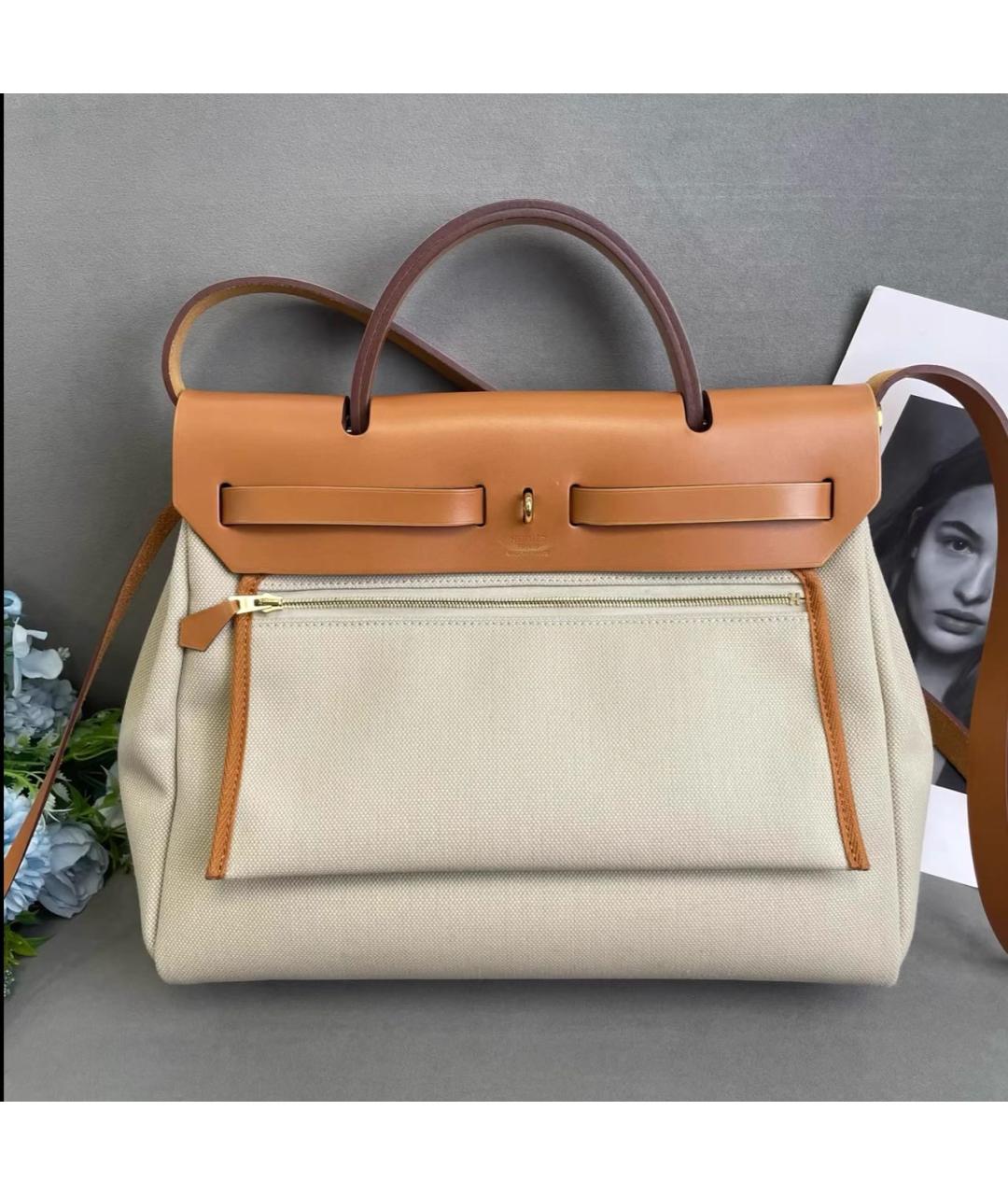 HERMES Бежевая тканевая сумка через плечо, фото 4
