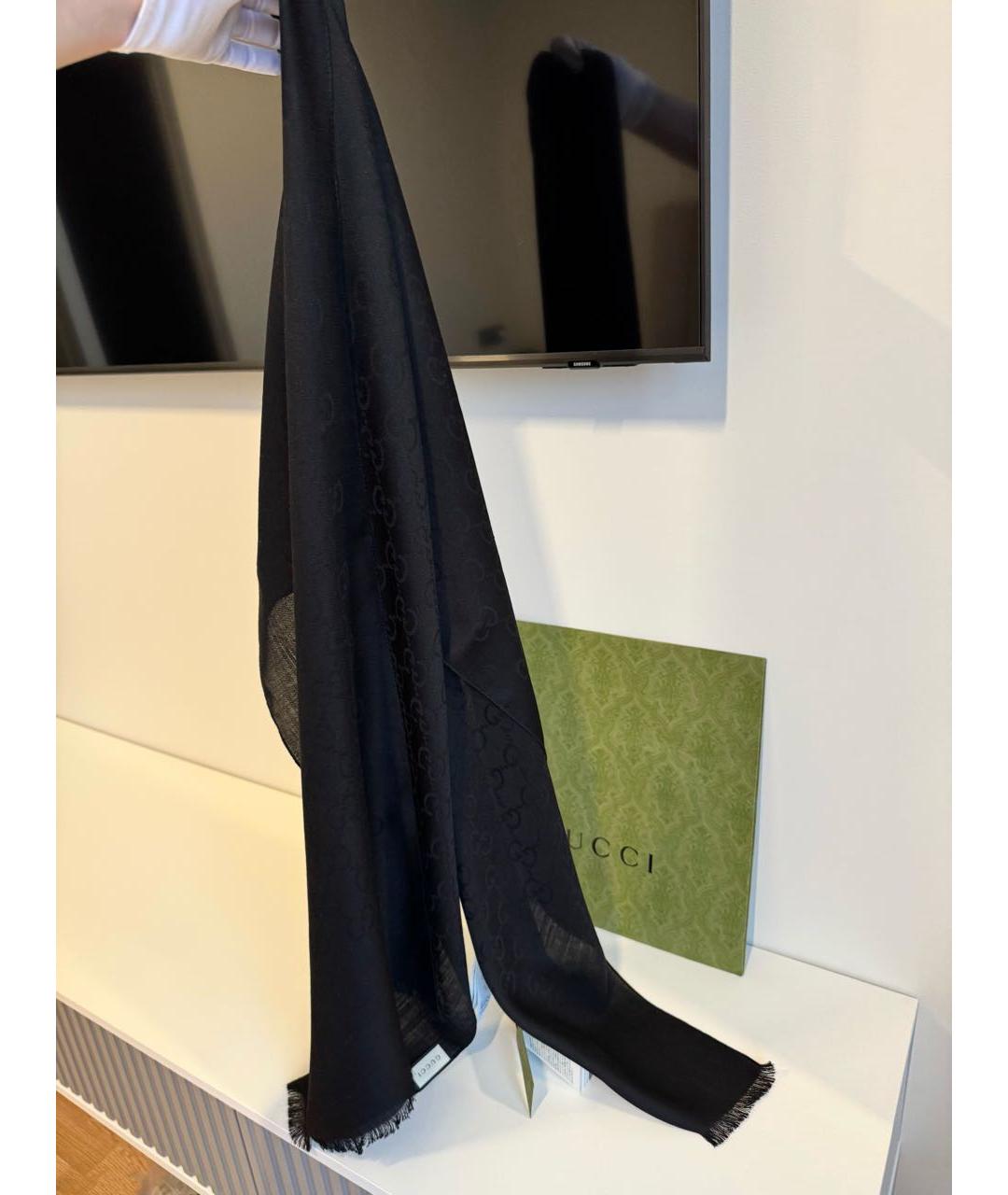 GUCCI Черный шерстяной шарф, фото 5