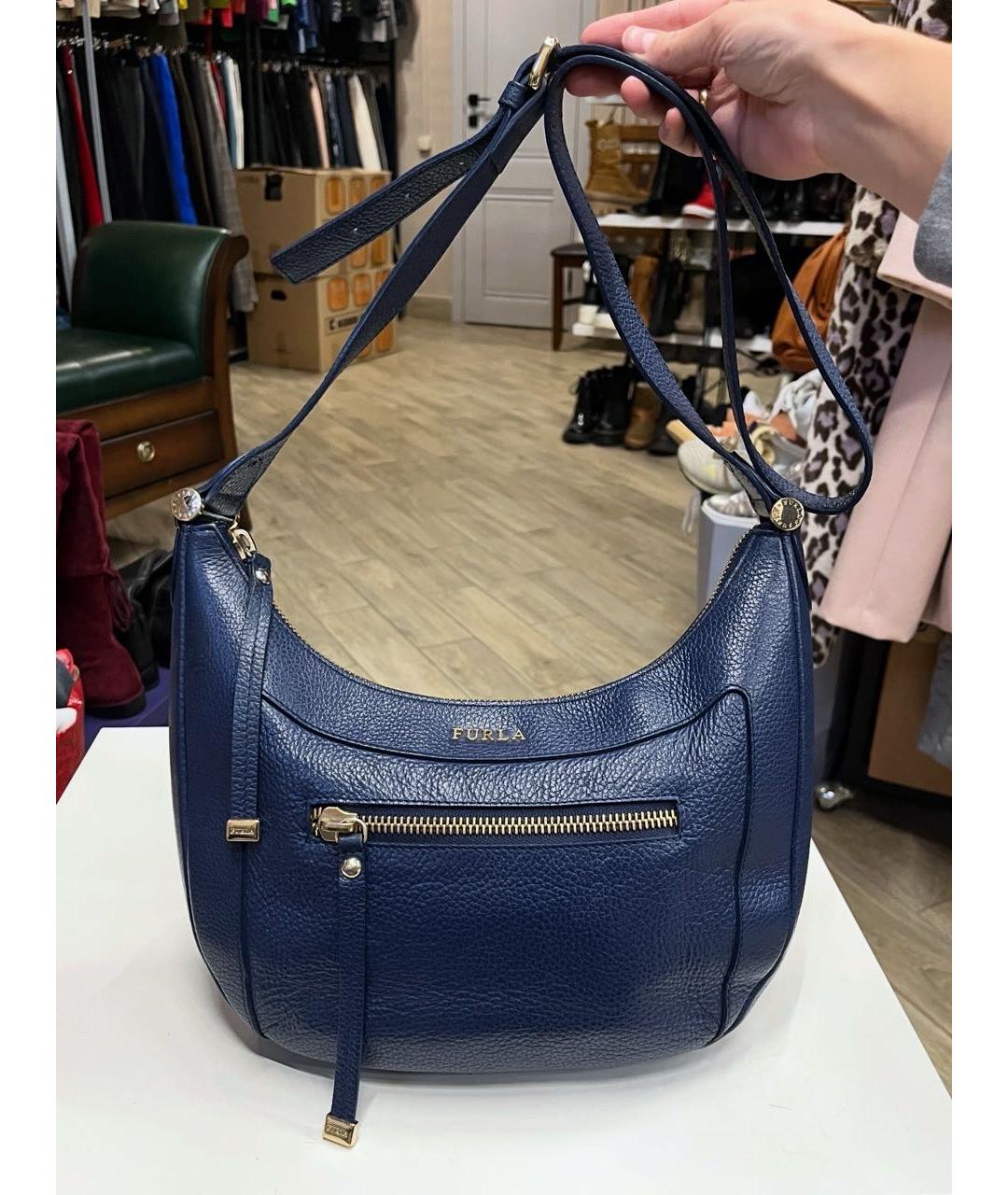 FURLA Темно-синяя кожаная сумка с короткими ручками, фото 9