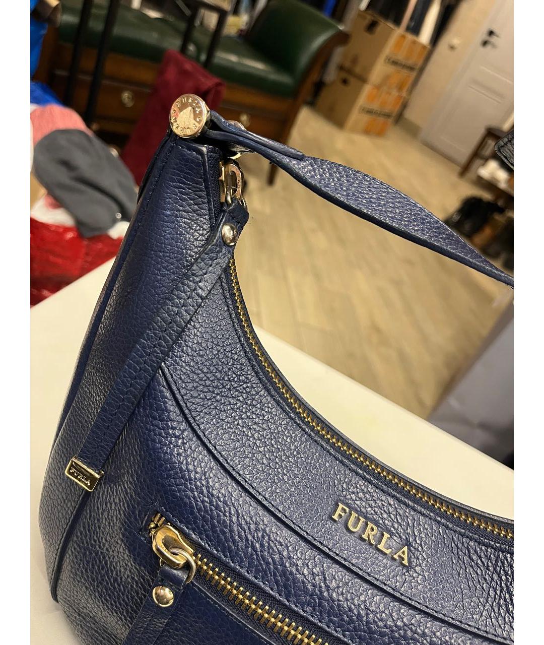 FURLA Темно-синяя кожаная сумка с короткими ручками, фото 5